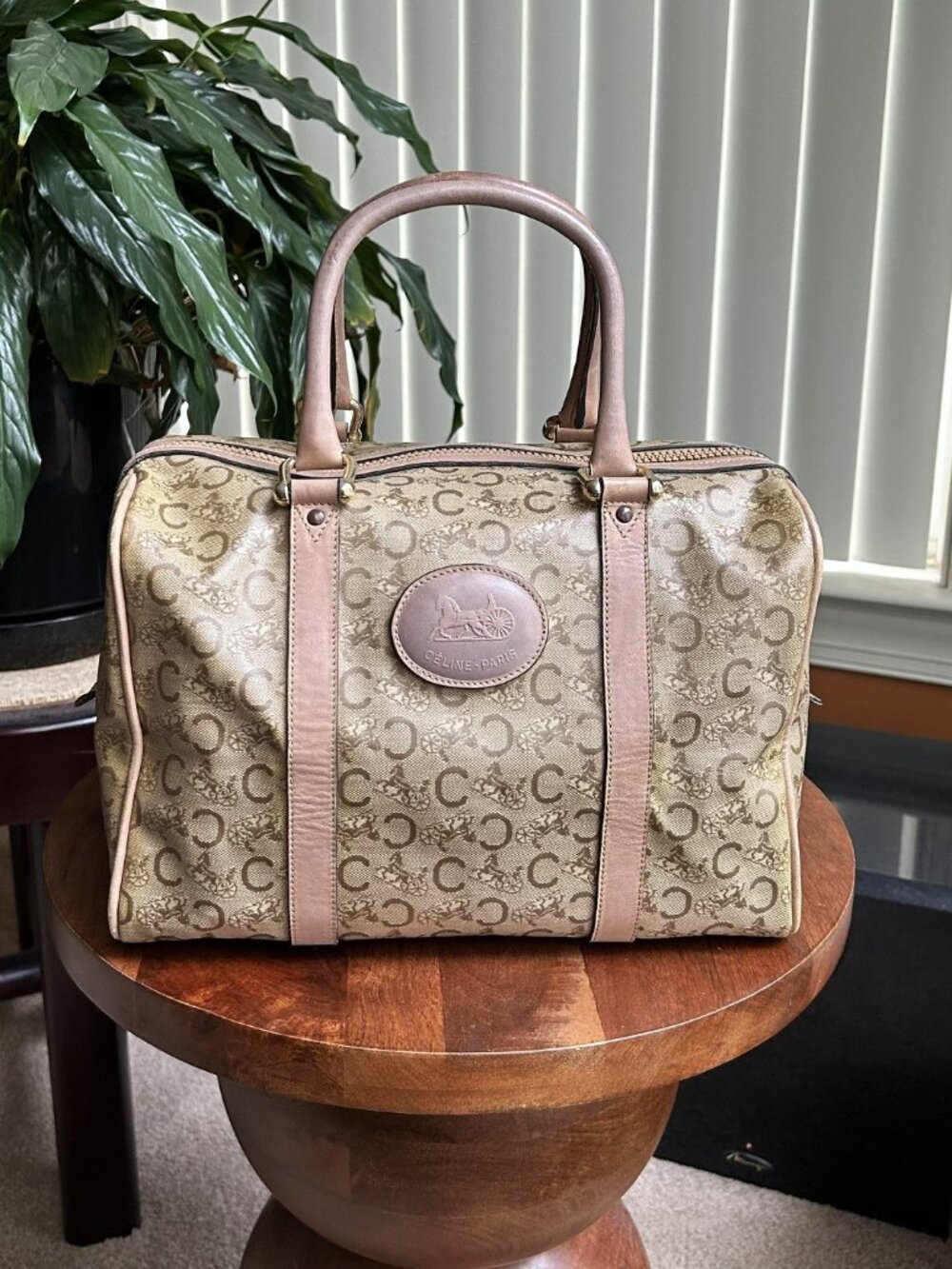 CELINE Macadam Canvas Boston Bag, Tan